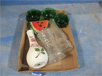 watermelon candle, vases, green dishes