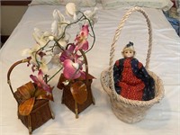 Pair of Floral Arrangements & Basket w/Doll
