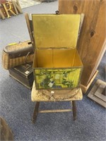 Vintage Metal Box, Metal Lid & Antique Wood Chair