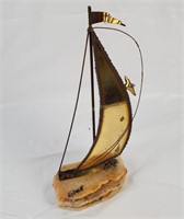 Marble & Brass Boat Art Signed Demott