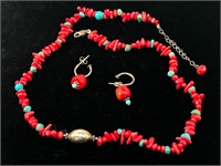 Sterling, Turquoise and Coral Necklace & Earrings