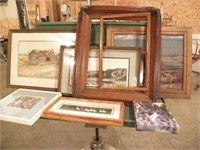 LARGE BOX OF FRAMED ART , PICTURES AND FRAMES