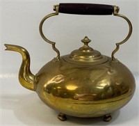 GREAT ANTIQUE BRASS FOOTED KETTLE W WOOD HANDLE