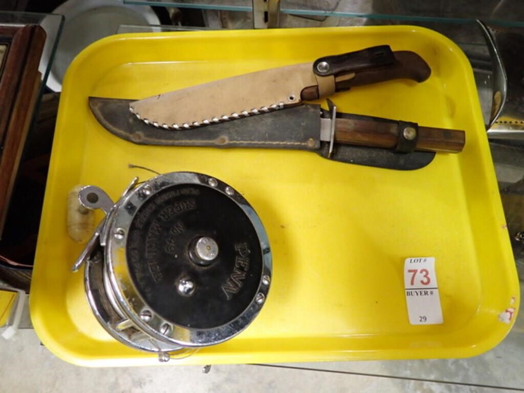 2 HUNTING KNIVES + PENN NO 49 OLD MARINER REEL