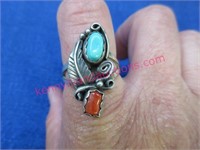 vintage turquoise & coral silver ring - size 9.5