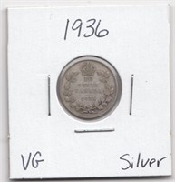 1936 Canada 10 Cents Silver Coin