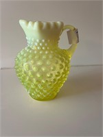 URANIUM GLASS OPALESCENT HOBNAIL PITCHER 6 1/2"