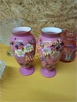 (2) porcelain 13 in hand-painted flower vases