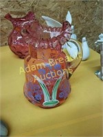 Vintage 10 inch hand painted glass pitcher