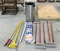 Brooms w/ broom handles, 5- door sweeps & trash