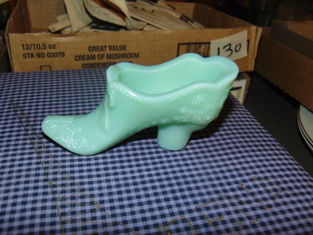 Jadite Satin Glass Bow Art Glass Shoe