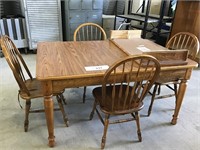 WOOD TABLE WITH SIDE DRAWERS, 4 CHAIRS, LEAF