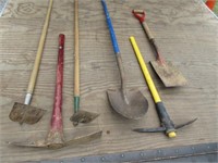 6 nice long tools lot (hoes-shovels-mattocks)