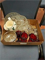 Box of crystal candy dishes red glass creamer a