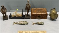 Carved Wood Box; Figures & Articulated Fish