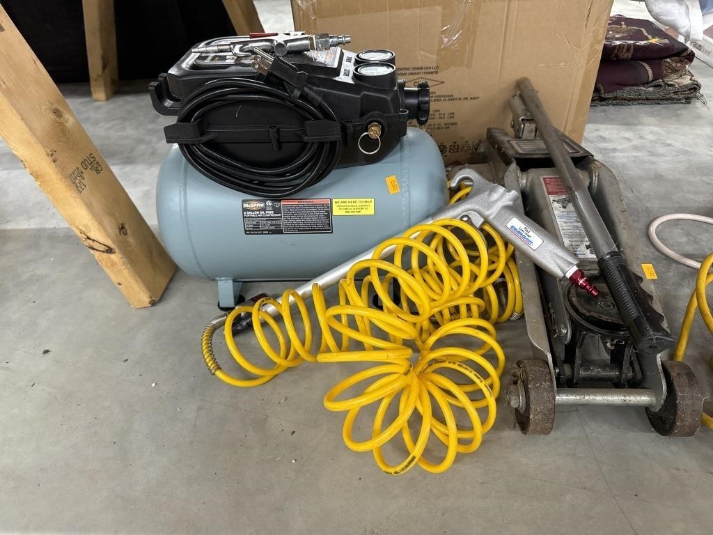 Portable air compressor, jack and air hose