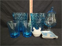 Blue Thumbprint Vases, Ashtray, Blue Jar & More