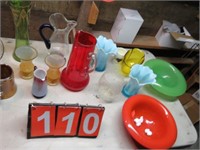 COLORED GLASSWARE- VASES, PITCHERS AND MORE
