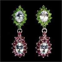 Natural Aquamarine Ch-Diopside Rhodolite Earrings