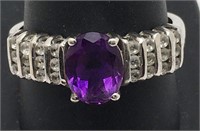Sterling Silver Ring W Purple & Clear Stones