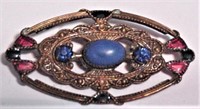 Copper Pin Blue Rhinestones Brooch 1 7/8" x 1"