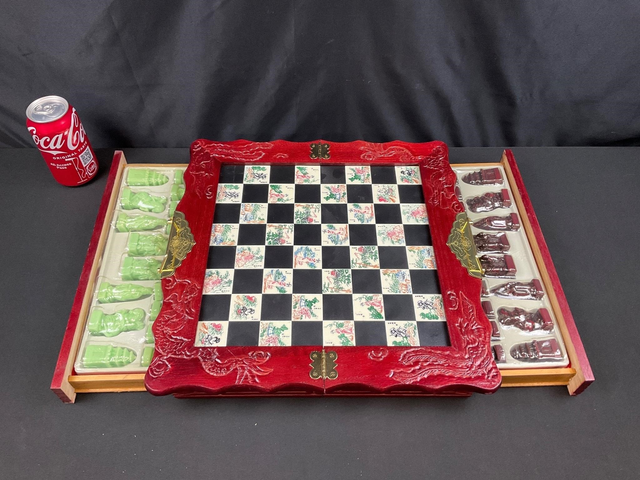 Folding Asian Inspired Chess Board & Figures