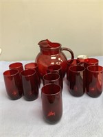 Ruby Red Pitcher w/ 11 Glasses