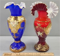 2 Enamel & Gold Gilt Cased Art Glass Vases