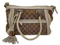 GG Brown Linen White Leather Tassle Detail Bag