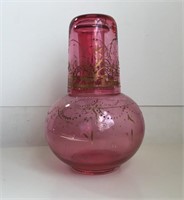 ANTIQUE CRANBERRY DECANTER WITH MATCHING TUMBLER