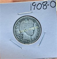 1908 O SILVER BARBER QUARTER