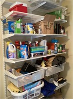 Contents of metal shelves in laundry room
