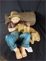 Boy Napping with Dog on Log