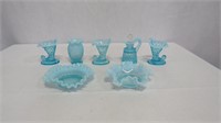 7 pc Fenton Blue Opalescent Hobnail