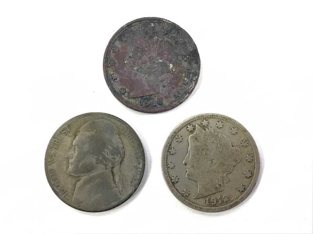 3 Nickels: 1 Silver War & 2 Liberty V5, US Coins