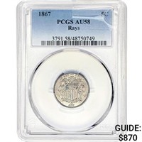 1867 Shield Nickel PCGS AU58 Rays