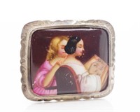 Mid century painted porcelain and silver brooch