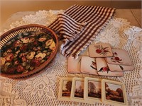Vintage Coasters. Basket tray and table Runner