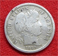 1913 S Barber Silver Dime - Dings