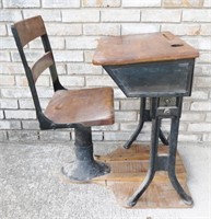 Vintage School House Desk, Wood & Cast Iron