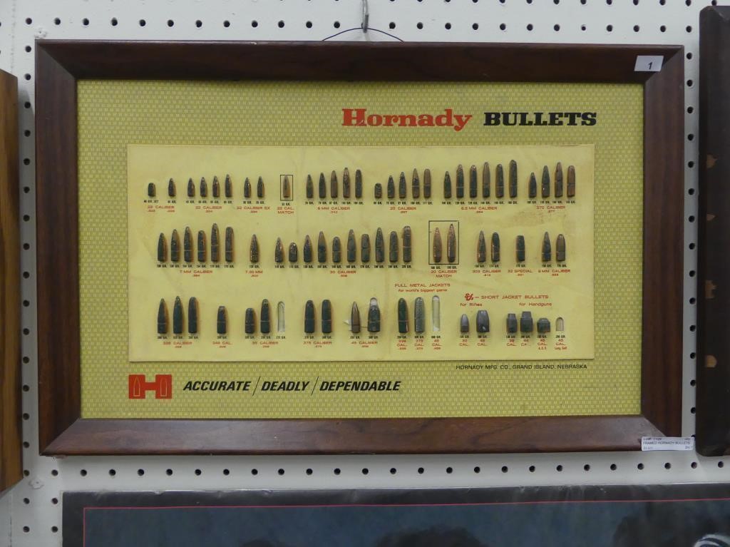 FRAMED HORNADY BULLETS DISPLAY. MISSING A FEW