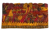 Painted Carved Wood Relief Farm Scene