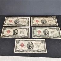 5 Red Seal 2 Dollar Bills