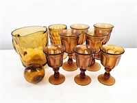 Amber Glass Pitcher, Glasses and Fenton Thumbprint