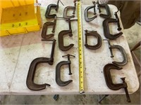 12 assorted C clamps with bin