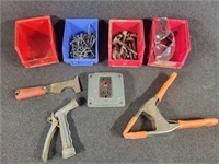 Safety glasses, large clamp, drill bits, screws,