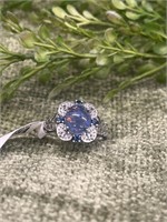 .925 Sterling Silver Mosaic Opal w/ Blue Gem Ring