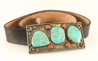 Large Navajo Belt Buckle with Kingman Turquoise