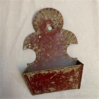 Antique Tin Wall Hanging Match Holder, Red Paint
