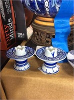 Blue and white candle stick holders